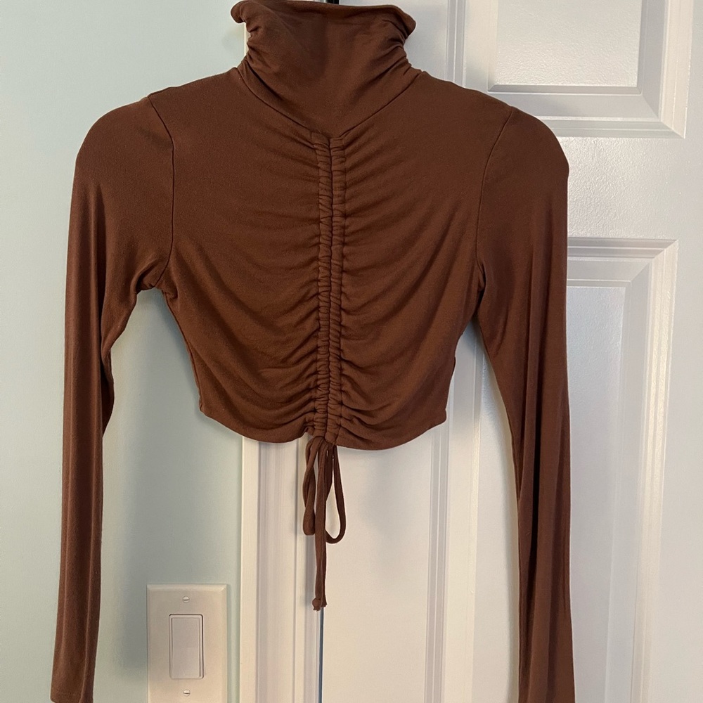 Naked Wardrobe Cocoa Ruched Turtleneck Crop Top
